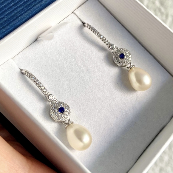 Vintage Style 925S Zirconia And Real Freshwater Drop Pearl Dangle Hook Earrings - Picture 14 of 14